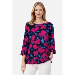 Banana Republic Floral Blouse M Pink Blue Pleated Hem 3/4 Sleeve Office Feminine